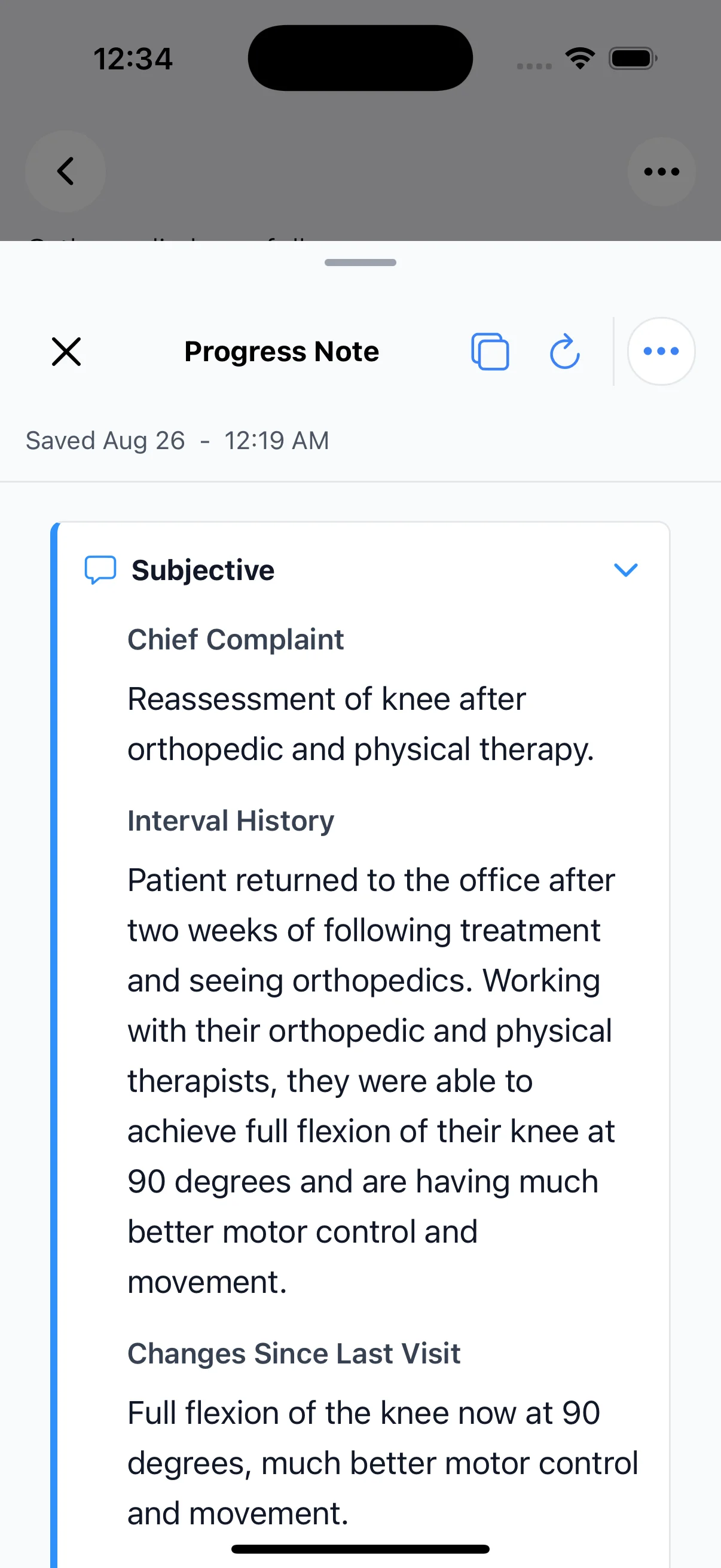 Example OrbVoice Progress Note with organized sections for review
